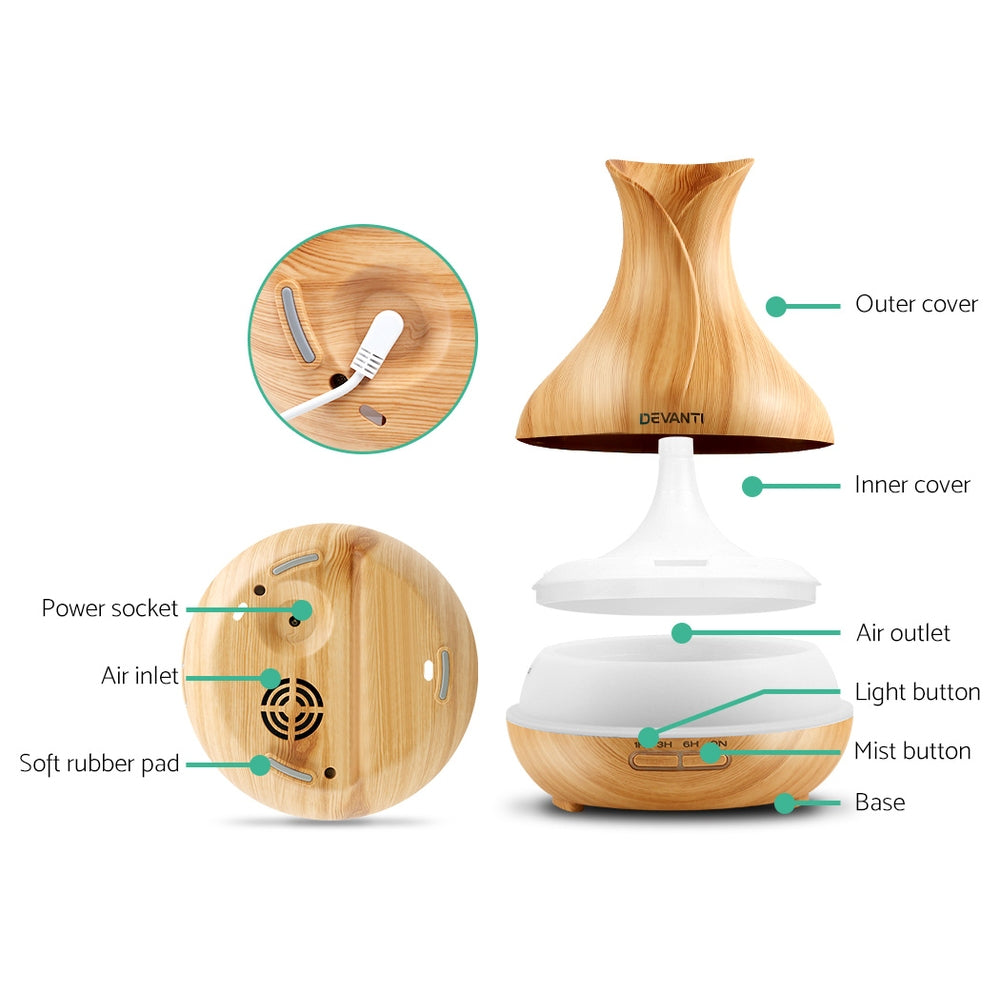 Aromatherapy Oil Diffuser - (Devanti) Light Wood Tulip | 7 Colour LED Night Light