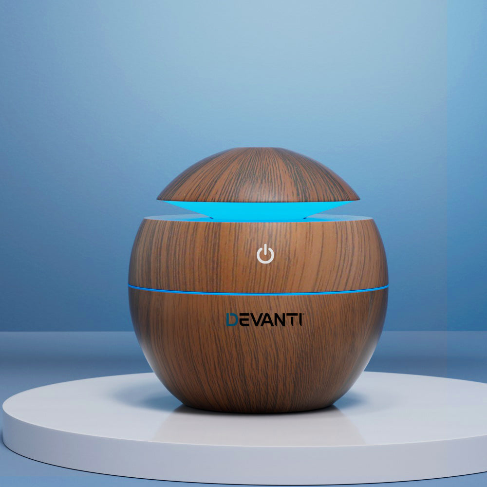 Aromatherapy Oil Diffuser - (Devanti) Dark Wood Ball | 7 Colour LED Night Light