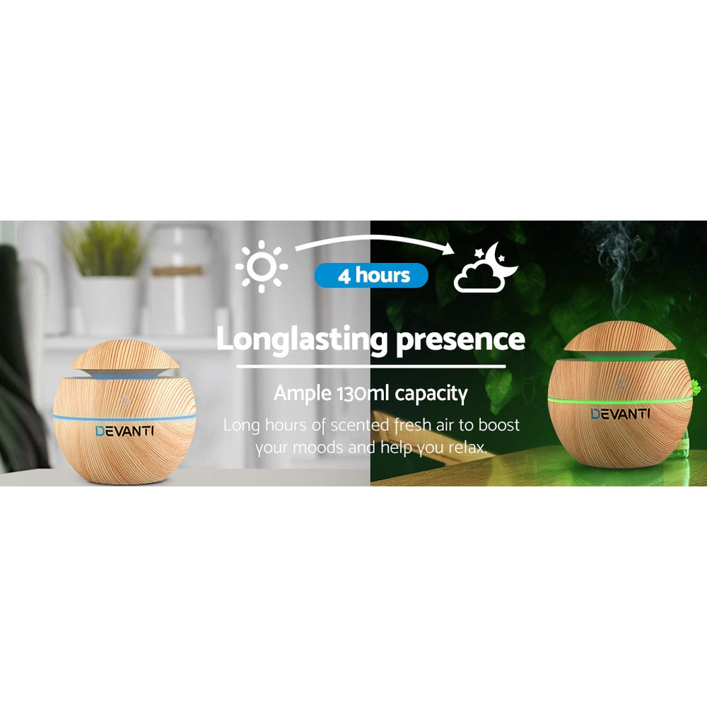 Aromatherapy Oil Diffuser - (Devanti) Light Wood Ball | 7 Colour LED Night Light