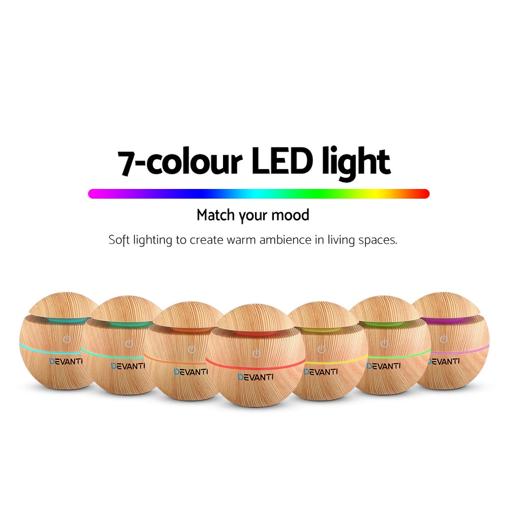 Aromatherapy Oil Diffuser - (Devanti) Light Wood Ball | 7 Colour LED Night Light