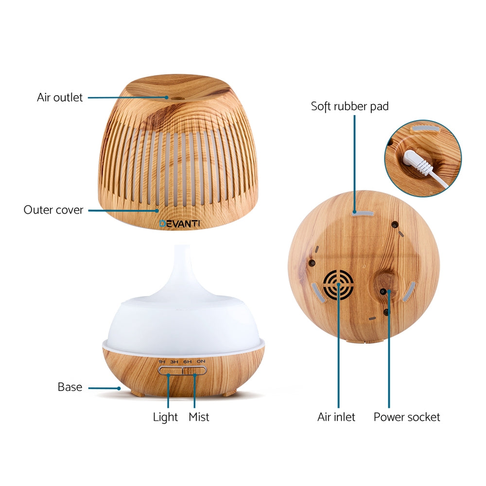 Aromatherapy Oil Diffuser - (Devanti) Light Wood | 7 Colour LED Night Light