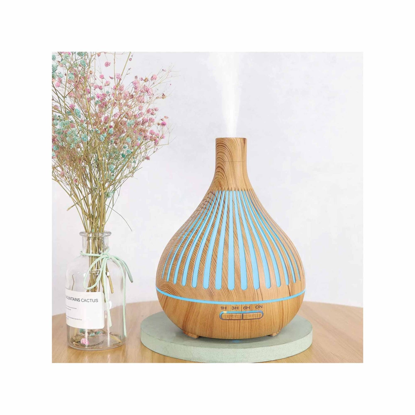 Aromatherapy Oil Diffuser - Narrow Top Wooden Vase | 7-Colour LED Night Light